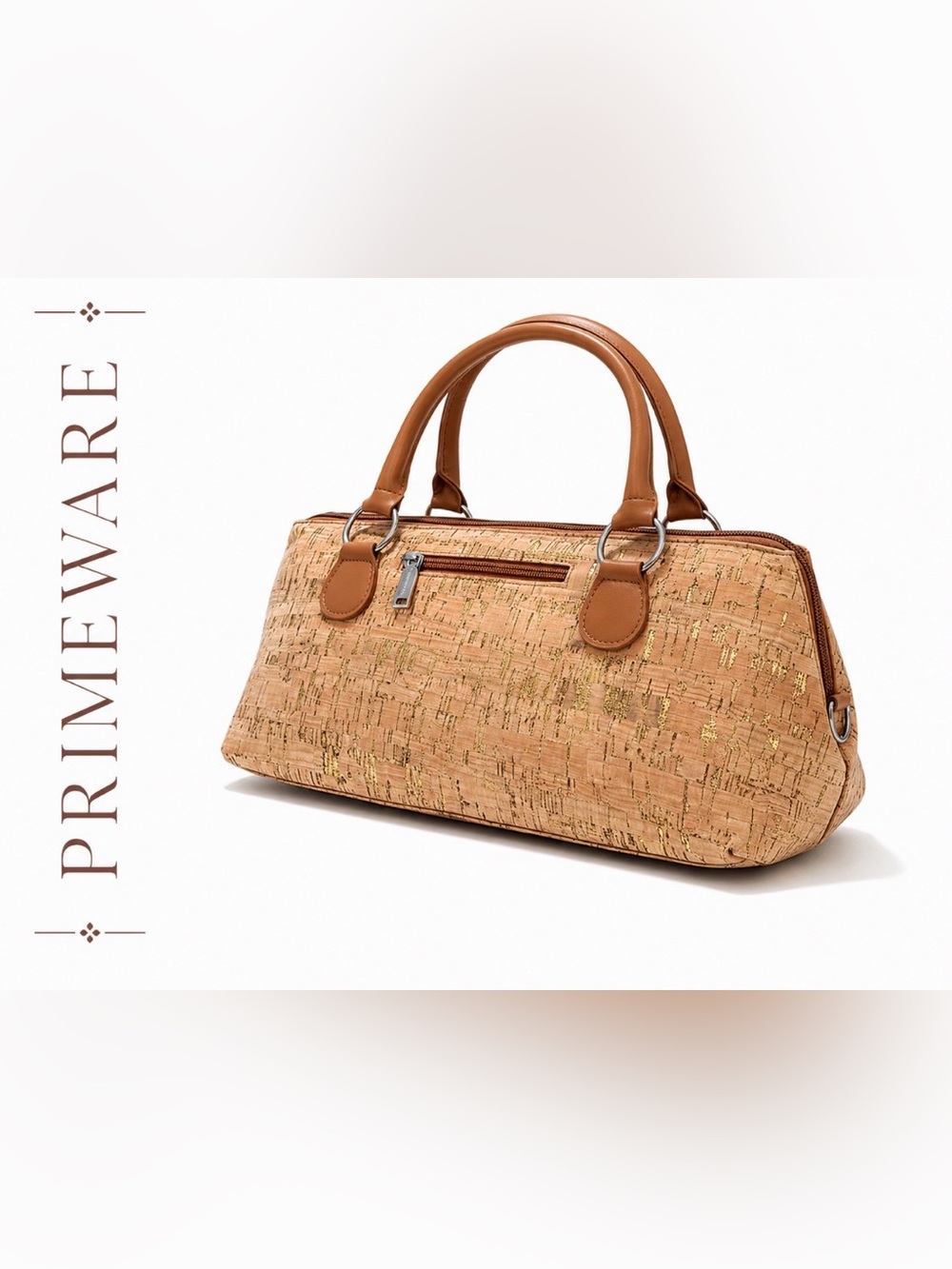 Primeware cork-finish insulated single-bottle wine clutch bag.